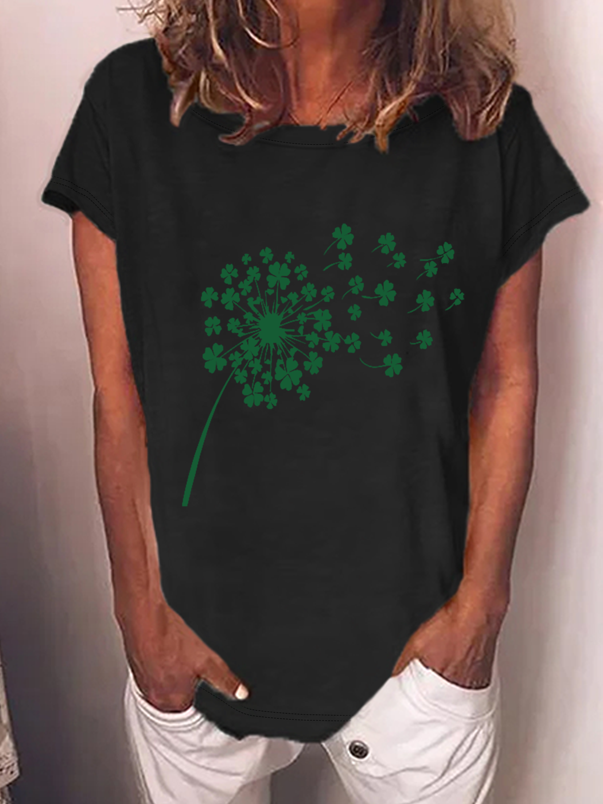 Women's Four-leaf Clover Short Sleeve Tee T-shirt Crew Neck Casual Summer Top