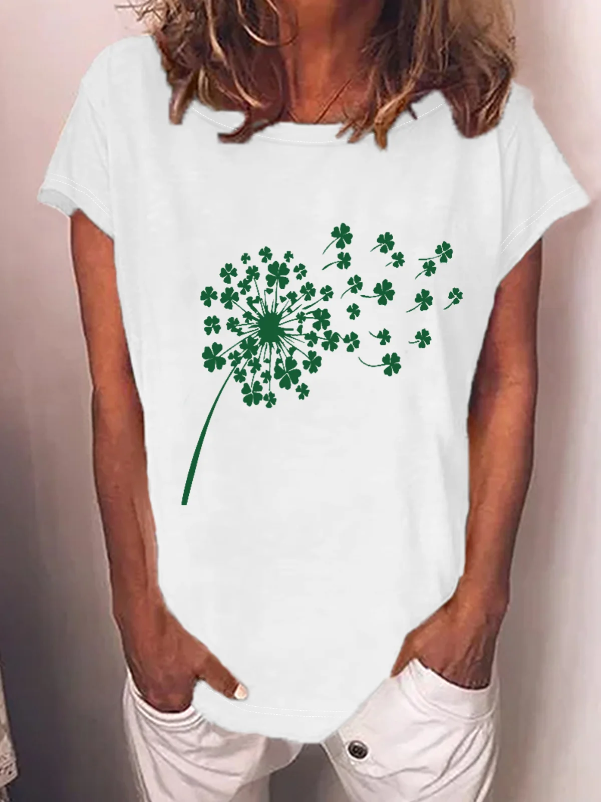 Women's Four-leaf Clover Short Sleeve Tee T-shirt Crew Neck Casual Summer Top