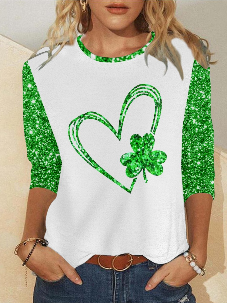 Women's St. Patrick's Day Green Funny Shamrock Printing Plants Casual Crew Neck Blouse