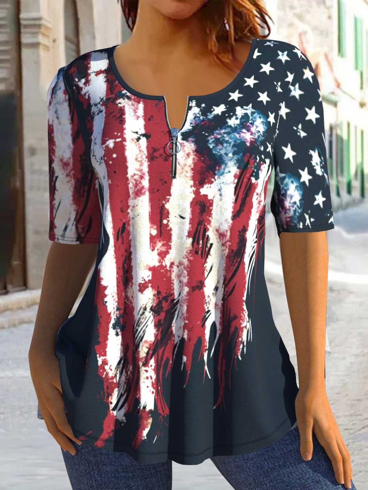 Women's Short Sleeve Blouse Summer America Flag Zipper Jersey Crew Neck Daily Going Out Casual Top