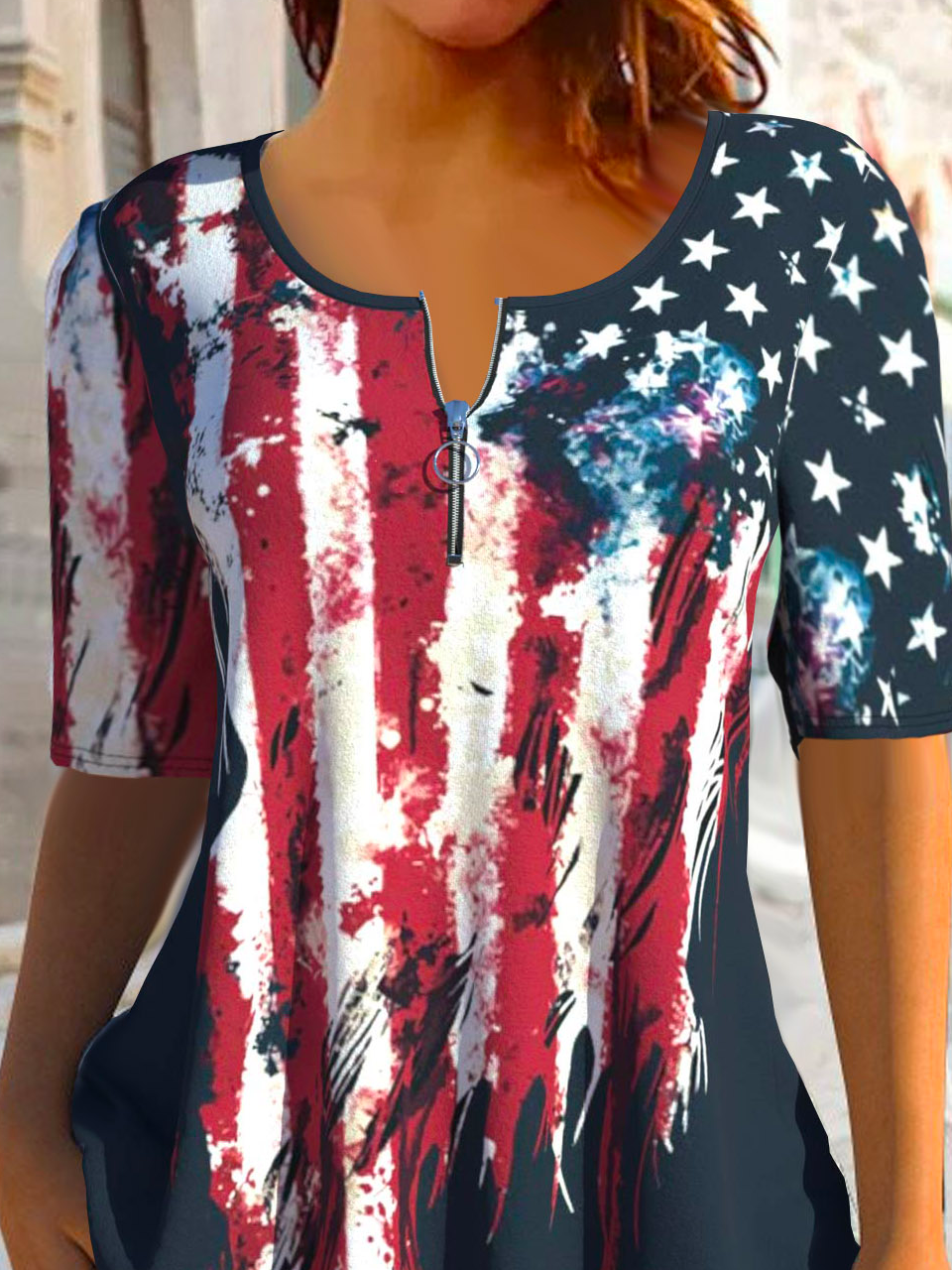 Women's Short Sleeve Blouse Summer America Flag Zipper Jersey Crew Neck Daily Going Out Casual Top