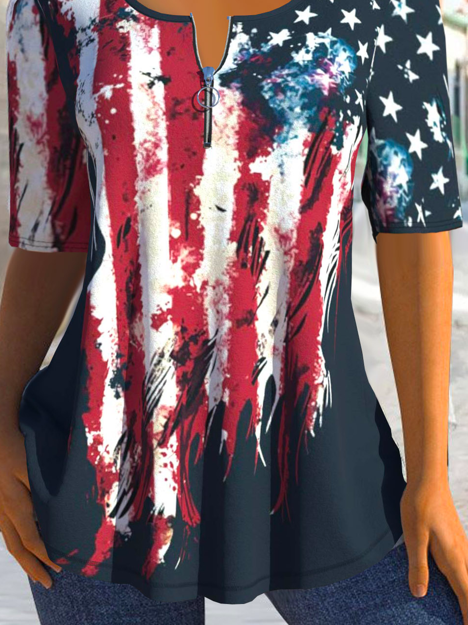 Women's Short Sleeve Blouse Summer America Flag Zipper Jersey Crew Neck Daily Going Out Casual Top