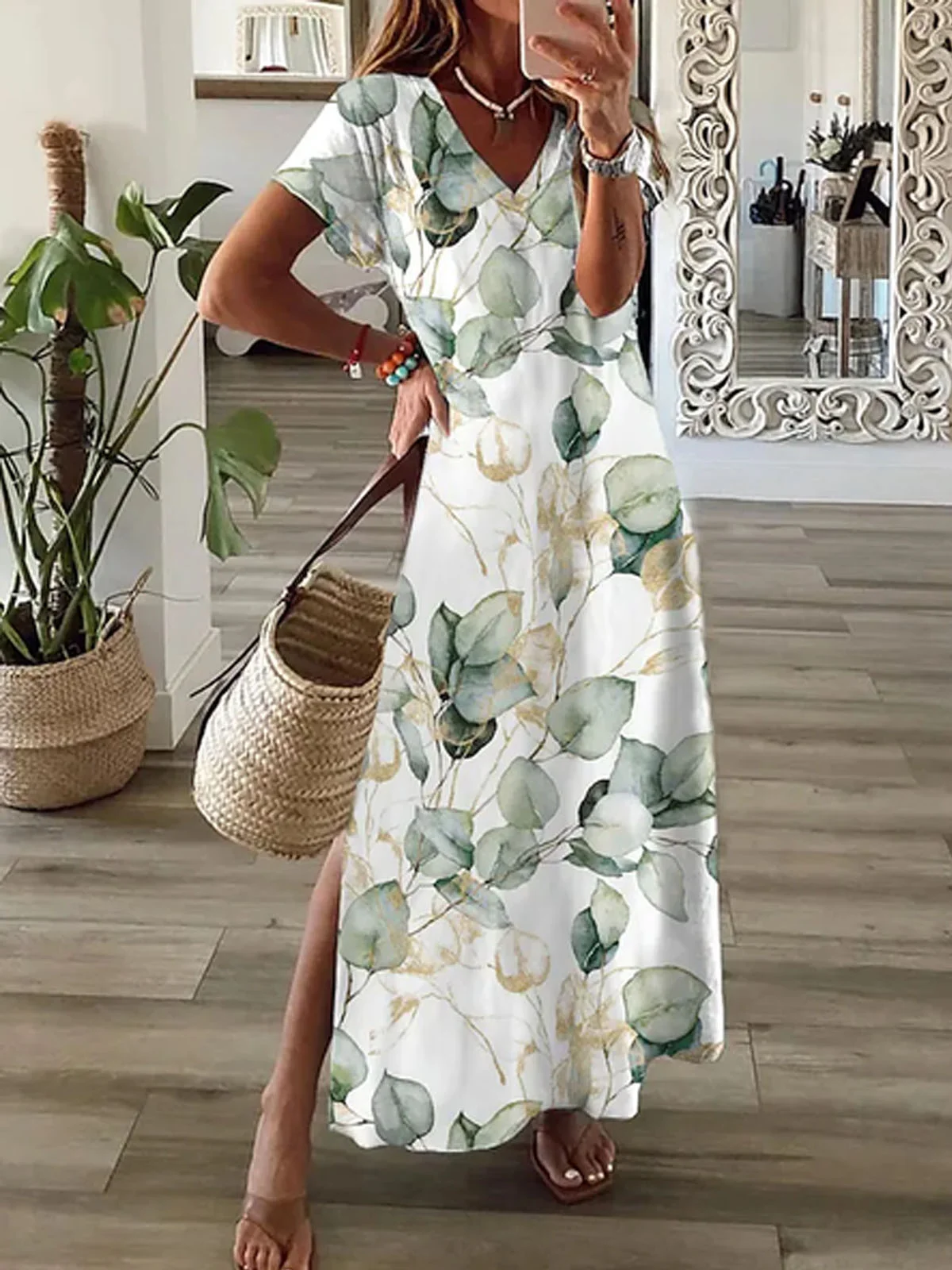 Women's Short Sleeve Summer Leaf Dress V Neck Daily Going Out Casual Maxi H-Line Dress