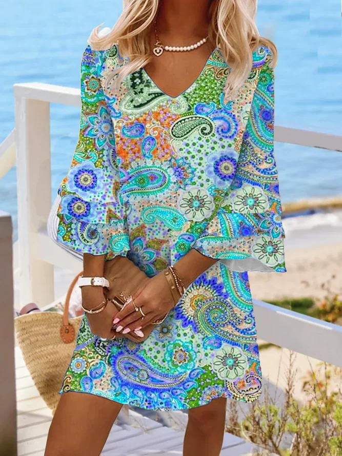 Women's Long Sleeve Summer Paisley Peplum Dress V Neck Vacation Going Out Vacation Mini H-Line TUNIC