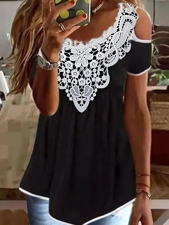 Women's Short Sleeve Blouse Summer Plain Lace Jersey Lace Collar Daily Going Out Casual Top