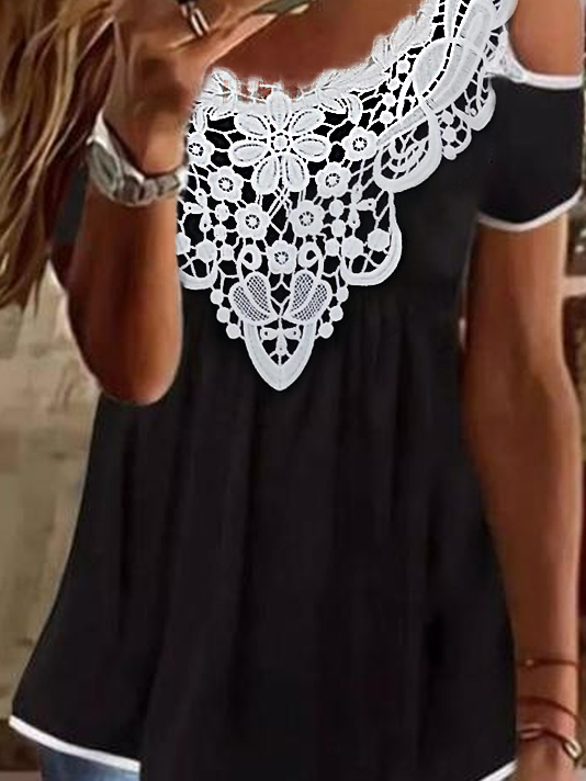 Women's Short Sleeve Blouse Summer Plain Lace Jersey Lace Collar Daily Going Out Casual Top