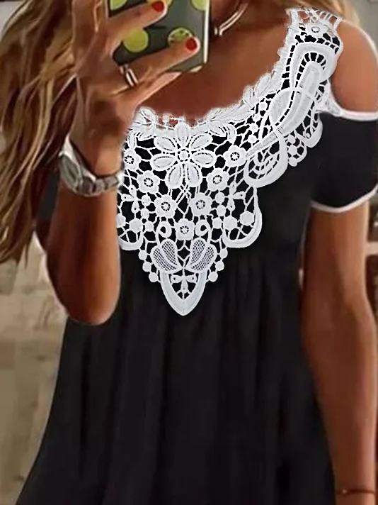 Women's Short Sleeve Blouse Summer Plain Lace Jersey Lace Collar Daily Going Out Casual Top