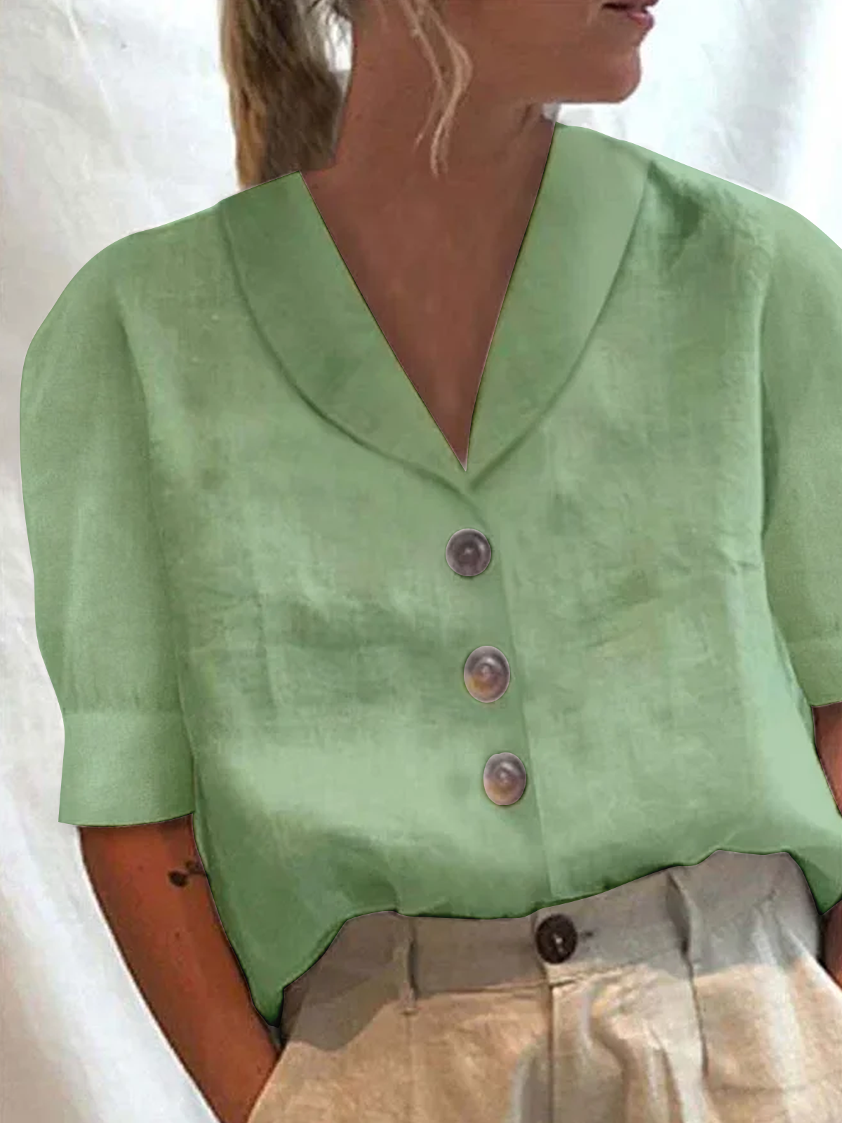 JFN Cotton & Linen Loose Shawl Collar Buttoned Short Sleeve Blouse