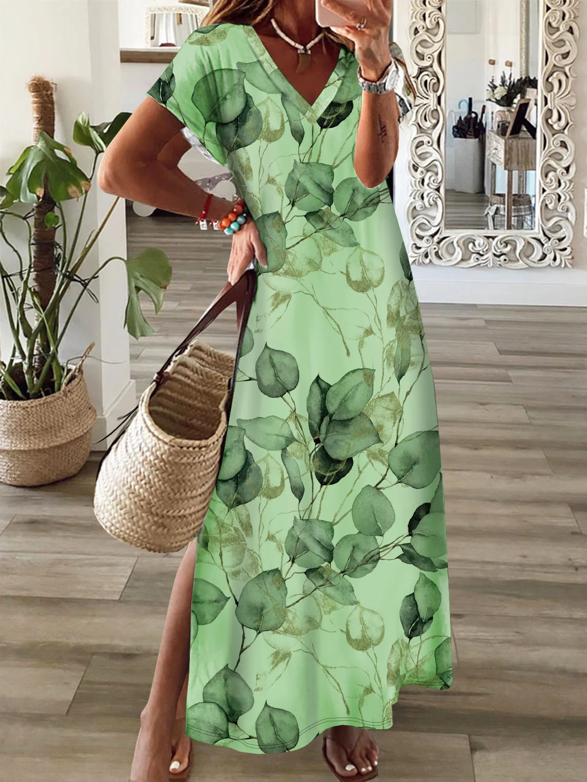 Women's Short Sleeve Summer Leaf Dress V Neck Daily Going Out Casual Maxi H-Line Dress