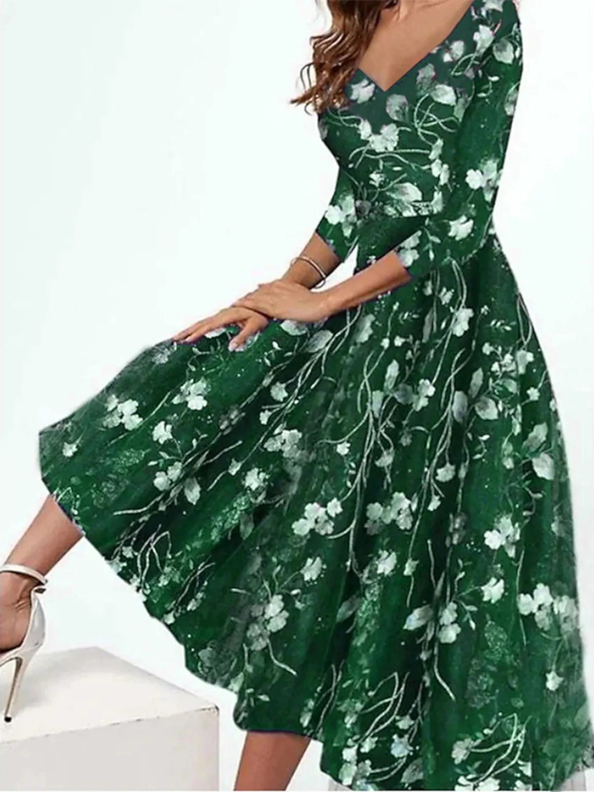 Elegant V Neck Floral Swing Dress