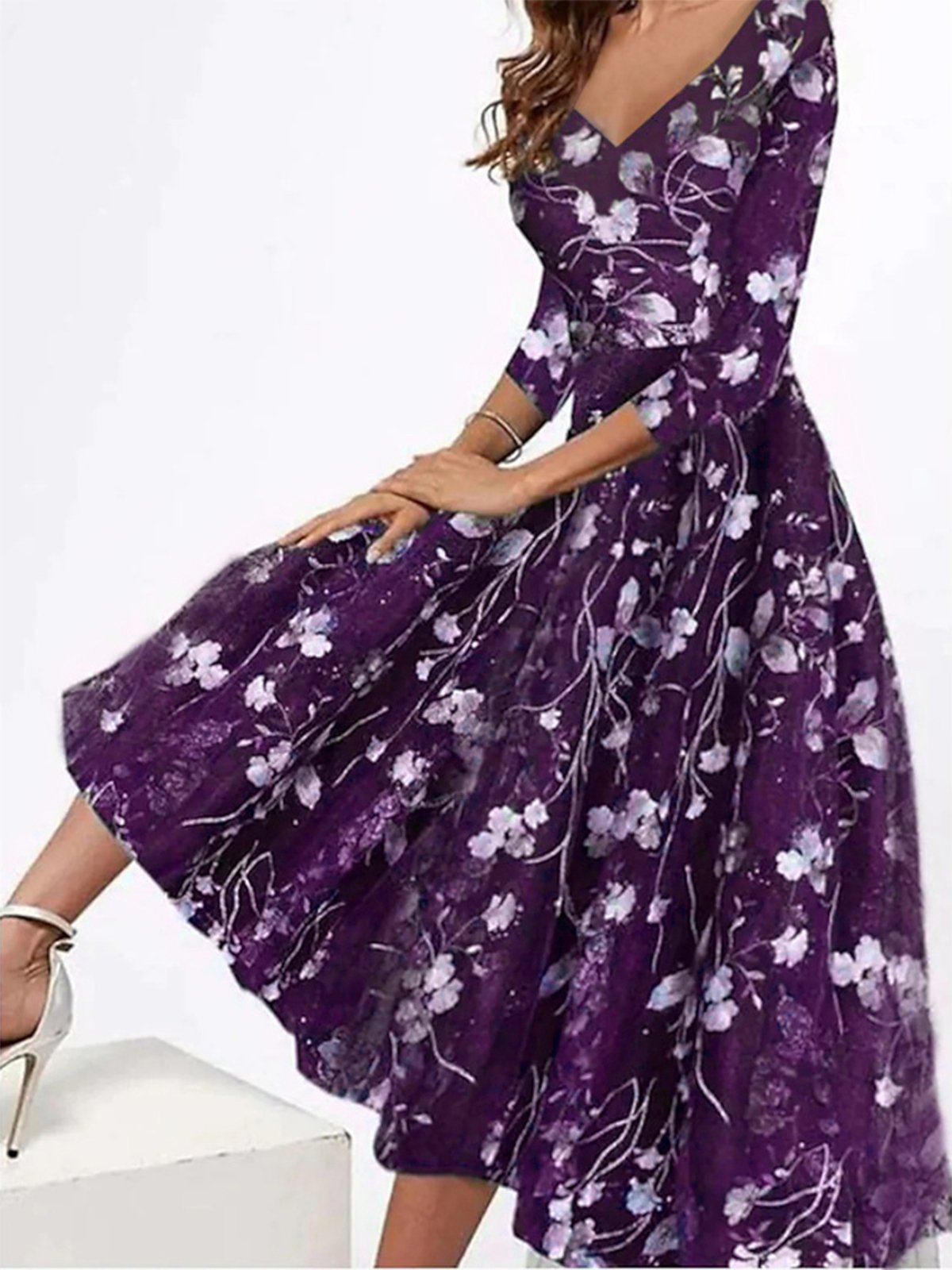 Elegant V Neck Floral Swing Dress