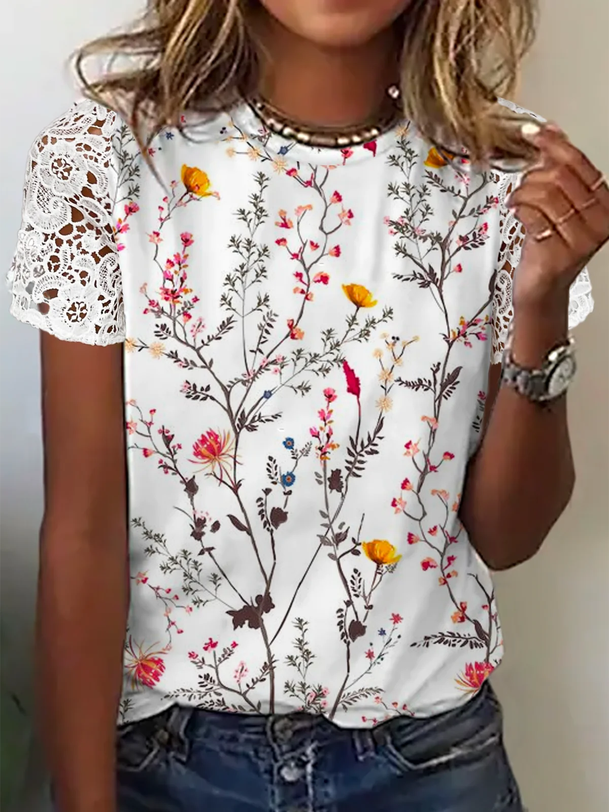 Women's Short Sleeve Blouse Summer Floral Lace Crew Neck Daily Going Out Casual Top