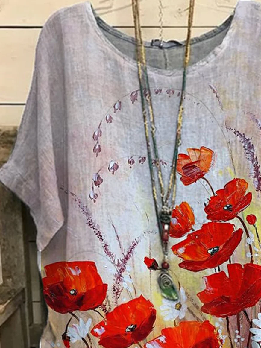 Crew Neck Casual Floral Loose Blouse