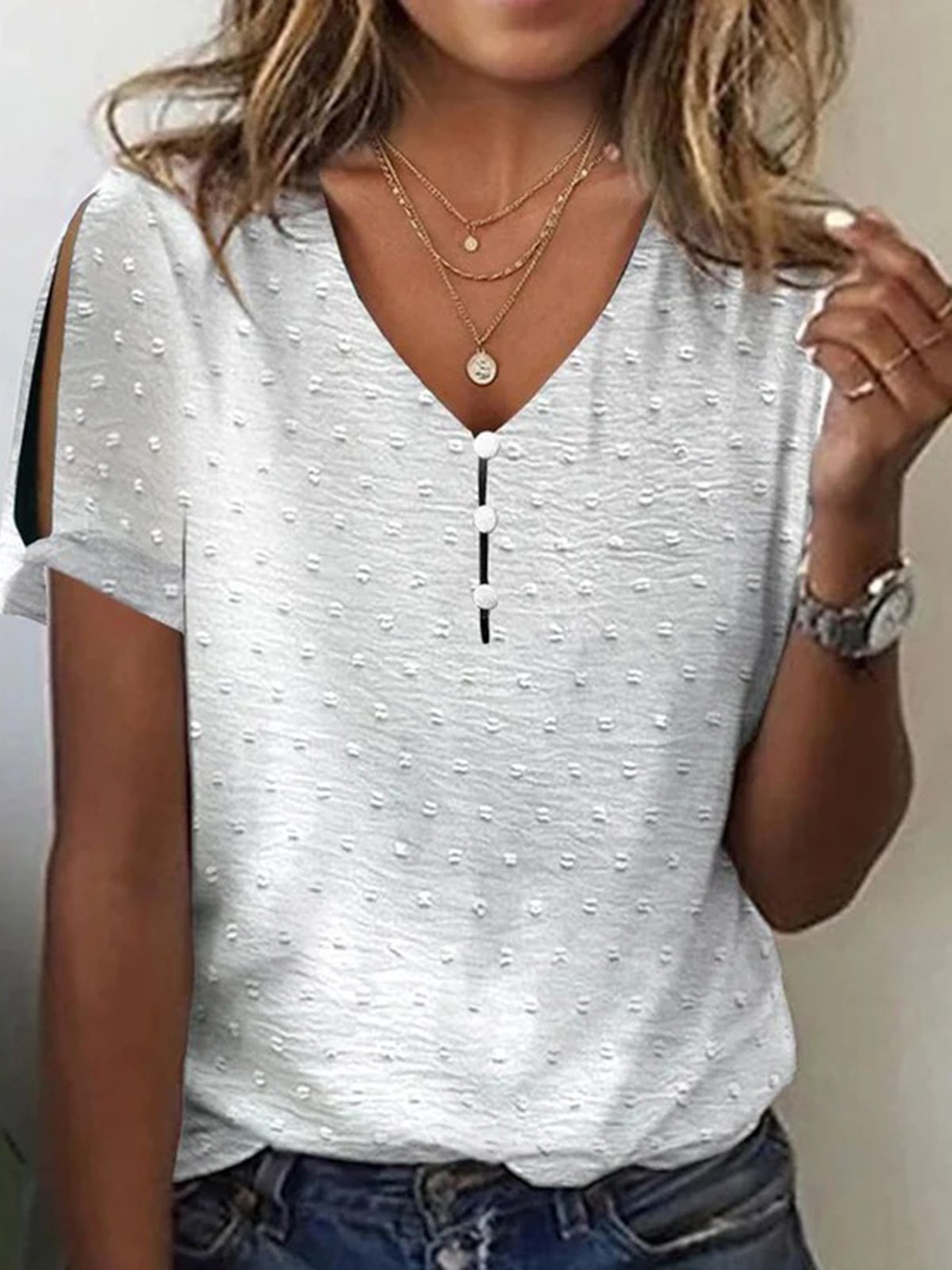 Women's Plain Short Sleeve Blouse_ Summer Buckle V Neck Daily Casual Top