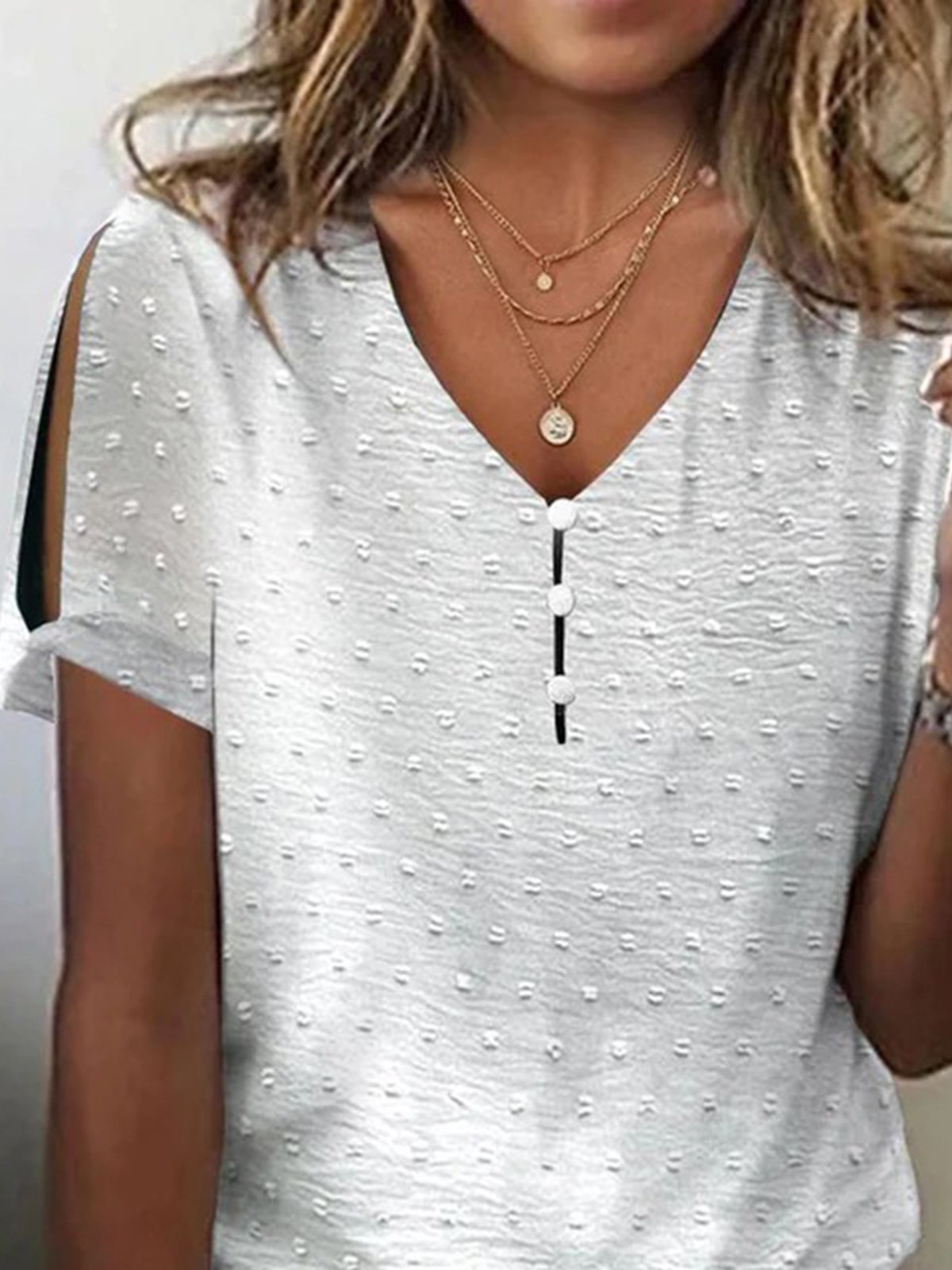 Women's Plain Short Sleeve Blouse_ Summer Buckle V Neck Daily Casual Top