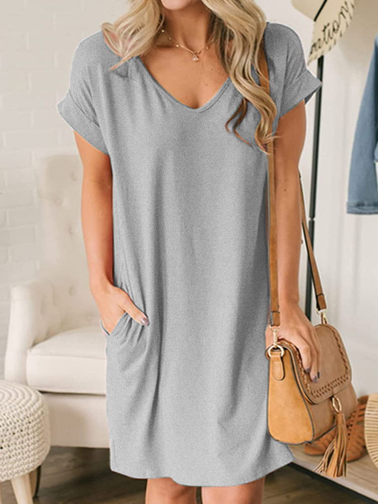 Women's Short Sleeve Summer Plain Dress V Neck Daily Going Out Casual Midi O-Line Dress