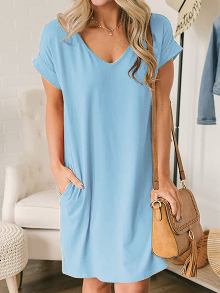 Women's Short Sleeve Summer Plain Dress V Neck Daily Going Out Casual Midi O-Line Dress