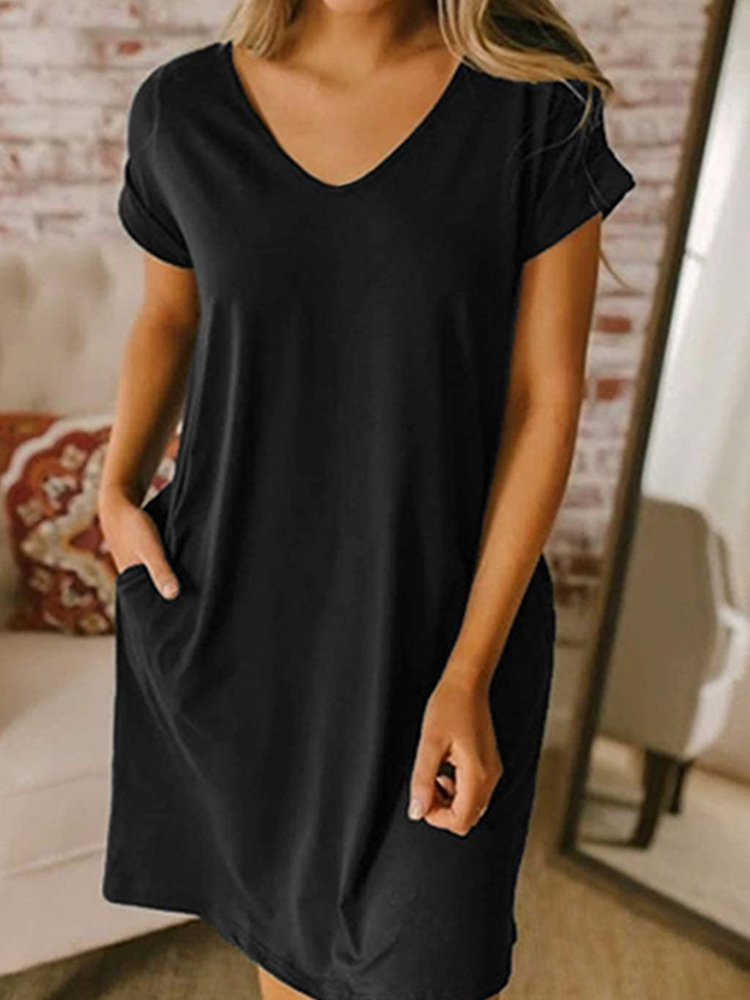 Women's Short Sleeve Summer Plain Dress V Neck Daily Going Out Casual Midi O-Line Dress