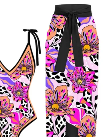 Vacation Floral Printing V Neck One Piece With Cover Up