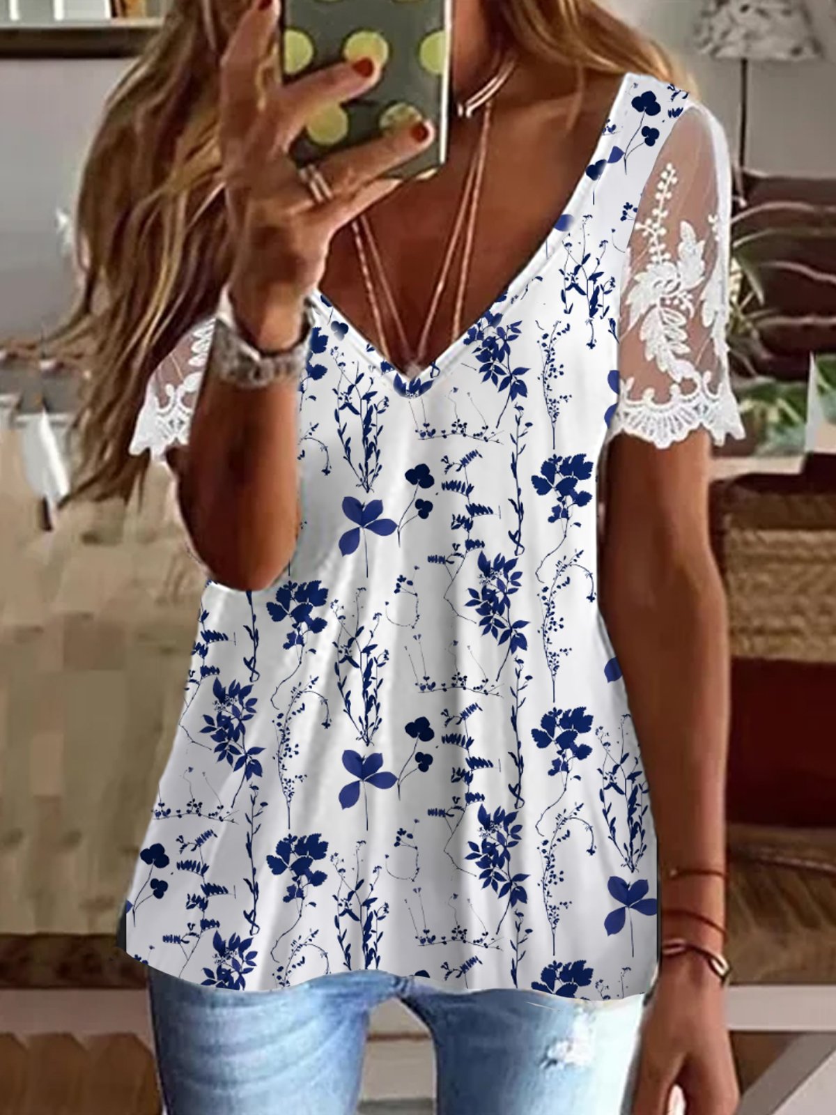 Women's Floral Short Sleeve Blouse_ Summer Lace V Neck Daily Casual Top