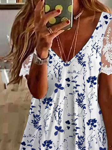 Women's Floral Short Sleeve Blouse_ Summer Lace V Neck Daily Casual Top