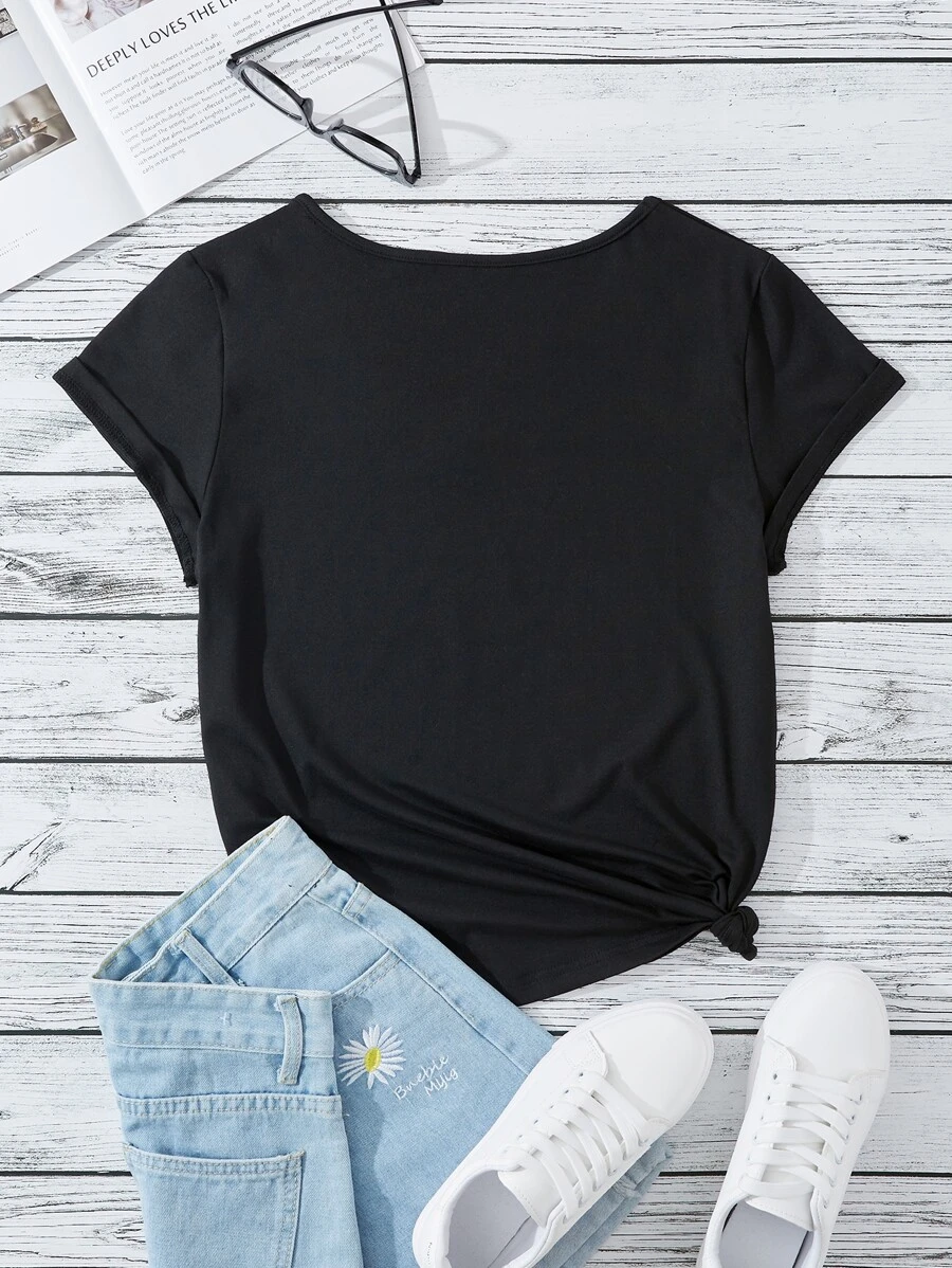 V Neck Daisy Letter & Floral Print Casual T-Shirt