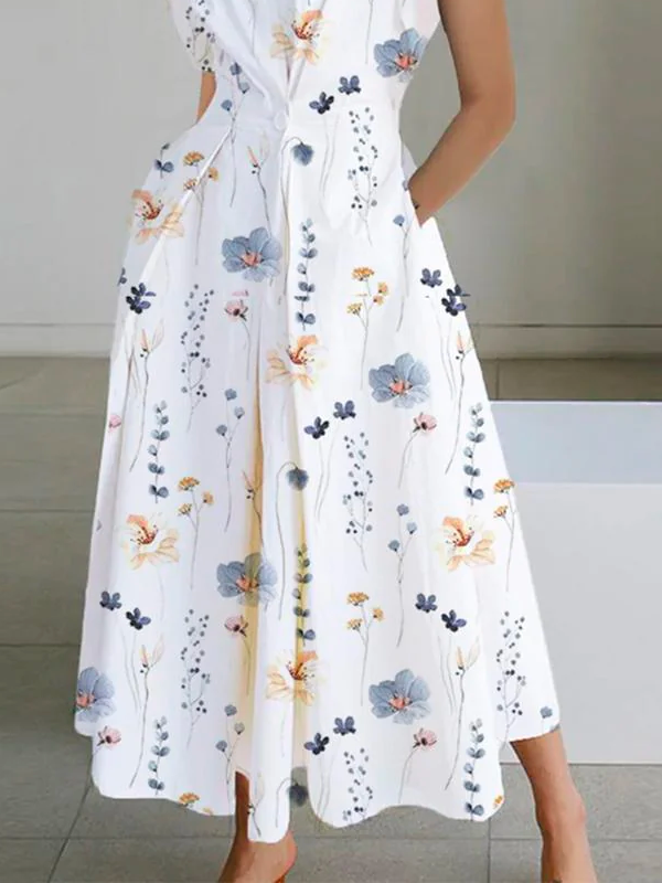 Loose Floral V Neck Vacation Basic Sleeveless Print Maxi Dress