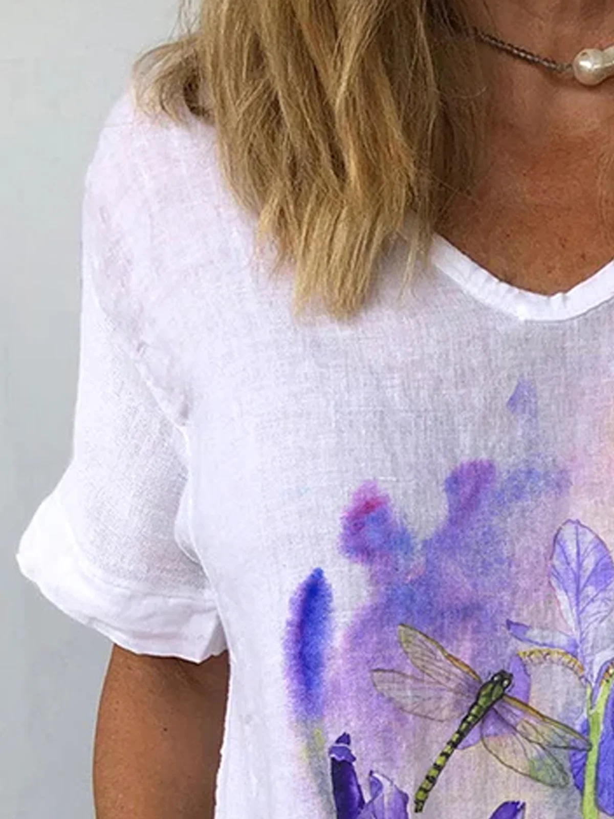 Women Watercolor Iris and Dragonfly Print Blouse