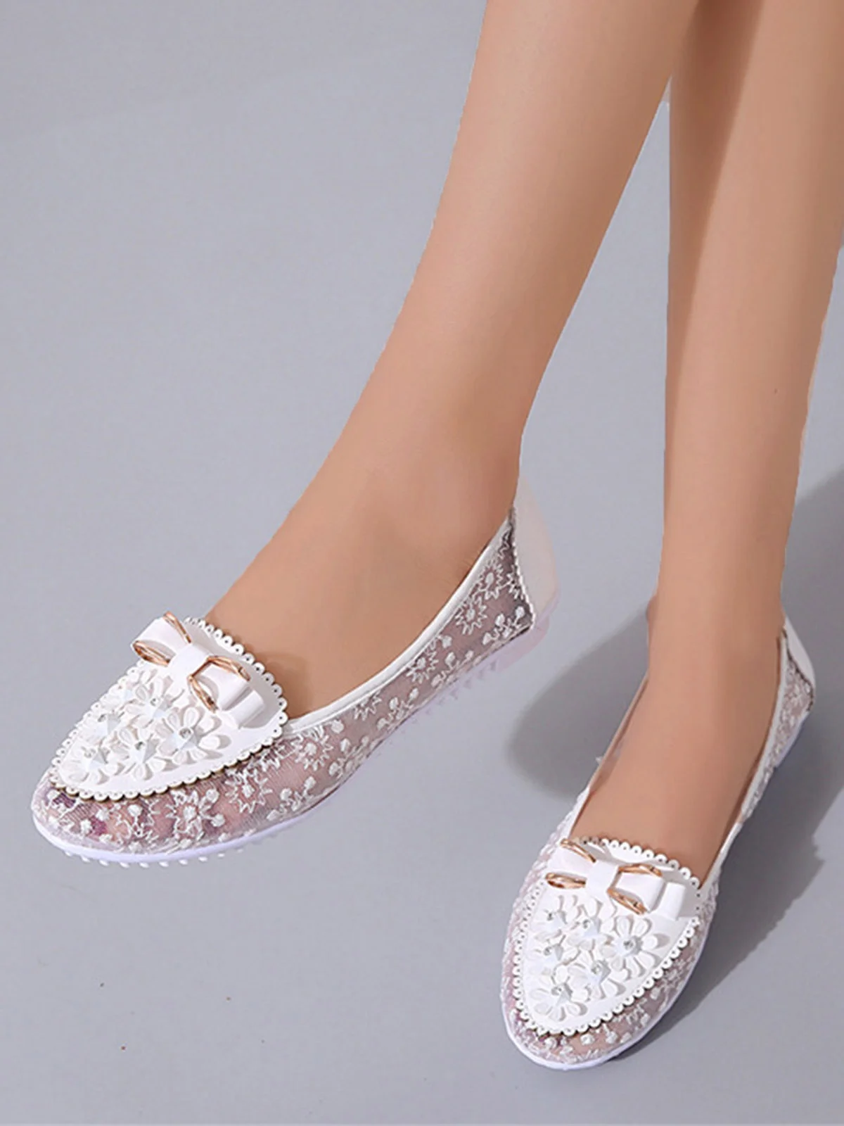 Elegant Applique Bowknot Decor Wedding Bridal Shoes Lace Split Joint Ballet Flats