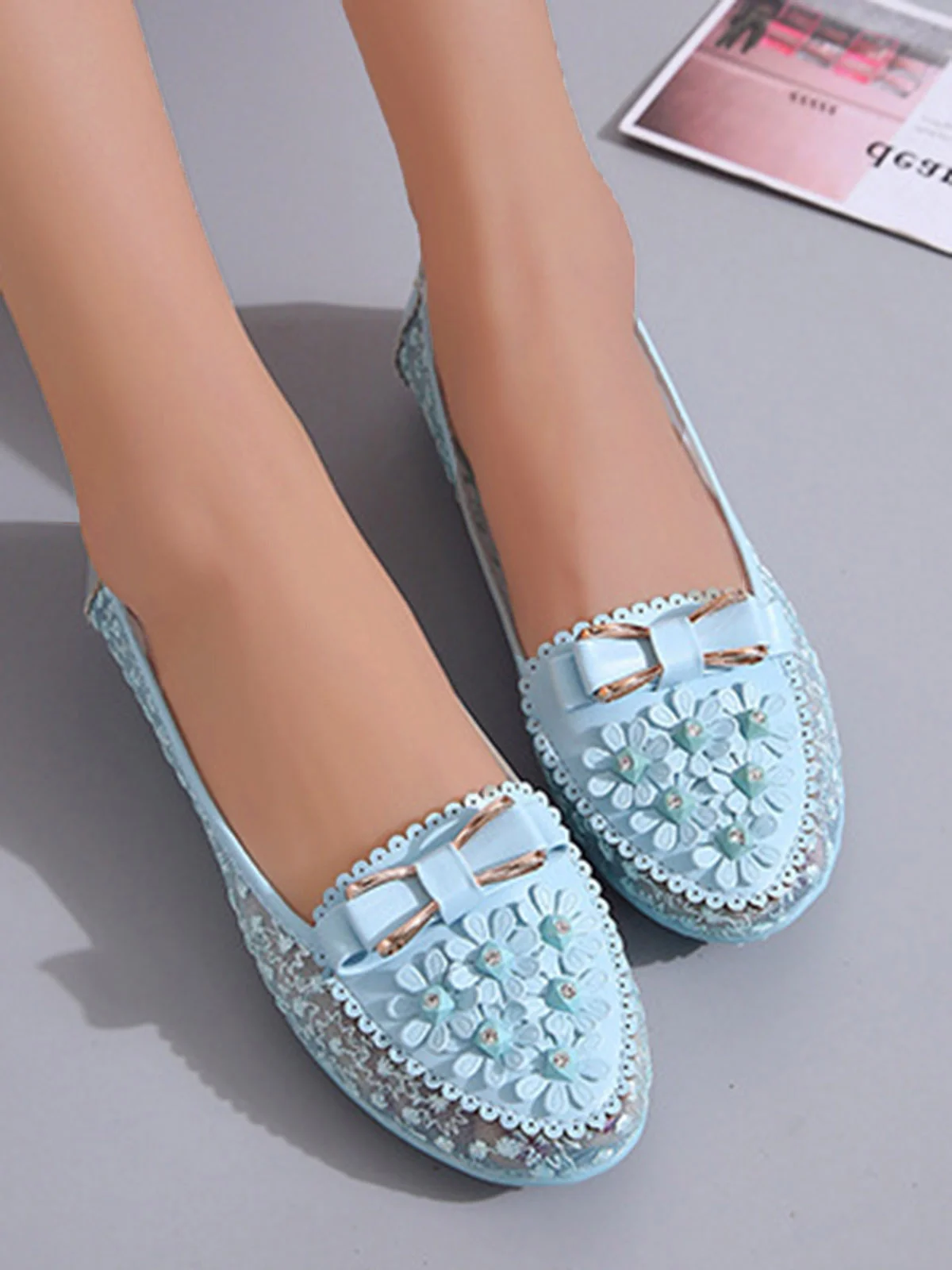 Elegant Applique Bowknot Decor Wedding Bridal Shoes Lace Split Joint Ballet Flats