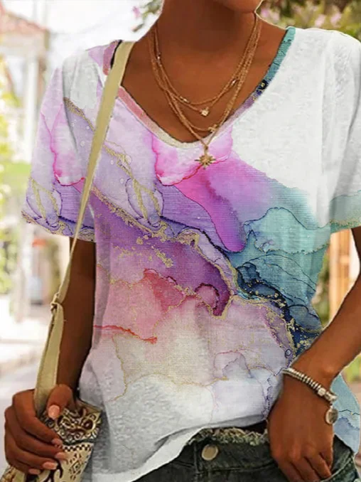 Casual Loose V Neck Gradient Pattern T-Shirt