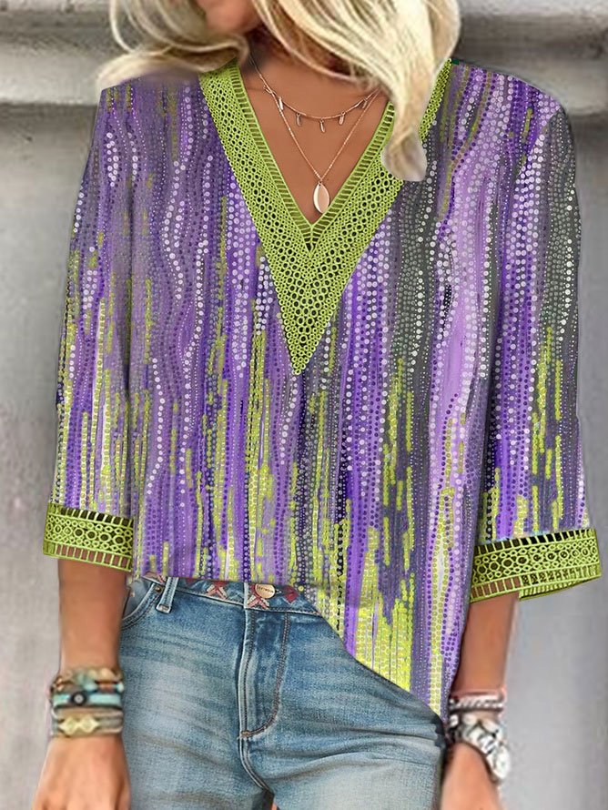 V Neck Ombre Casual Lace Blouse