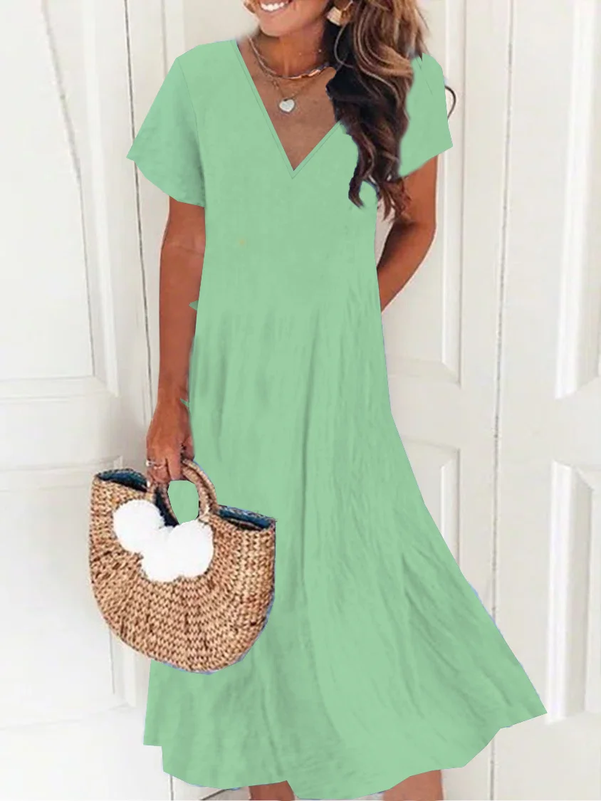 Women's Short Sleeve Summer Plain Dress V Neck Daily Going Out Casual Midi H-Line Dress