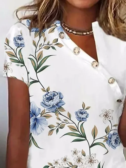 Casual Floral Asymmetrical Loose T-Shirt