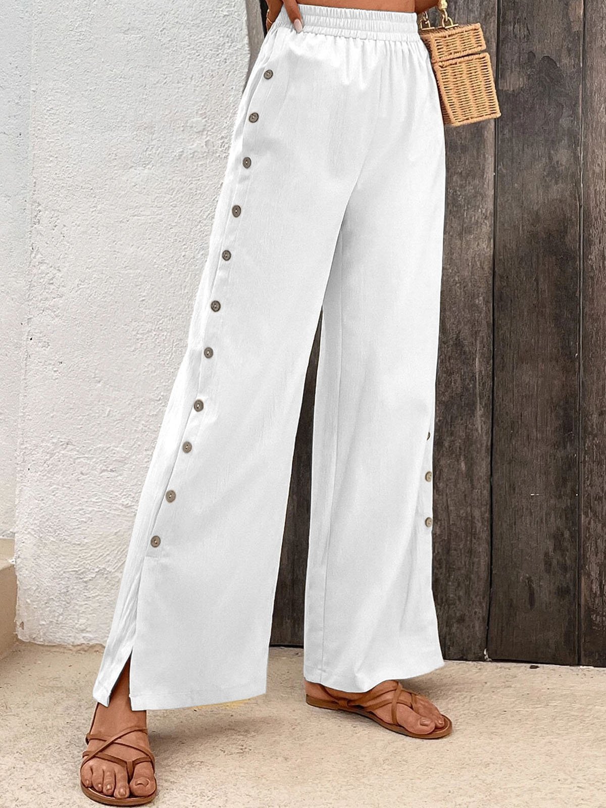 Women's Trousers Elastic Waist Straight Pants Daily Going Out Casual Buckle Plain All Season Pants