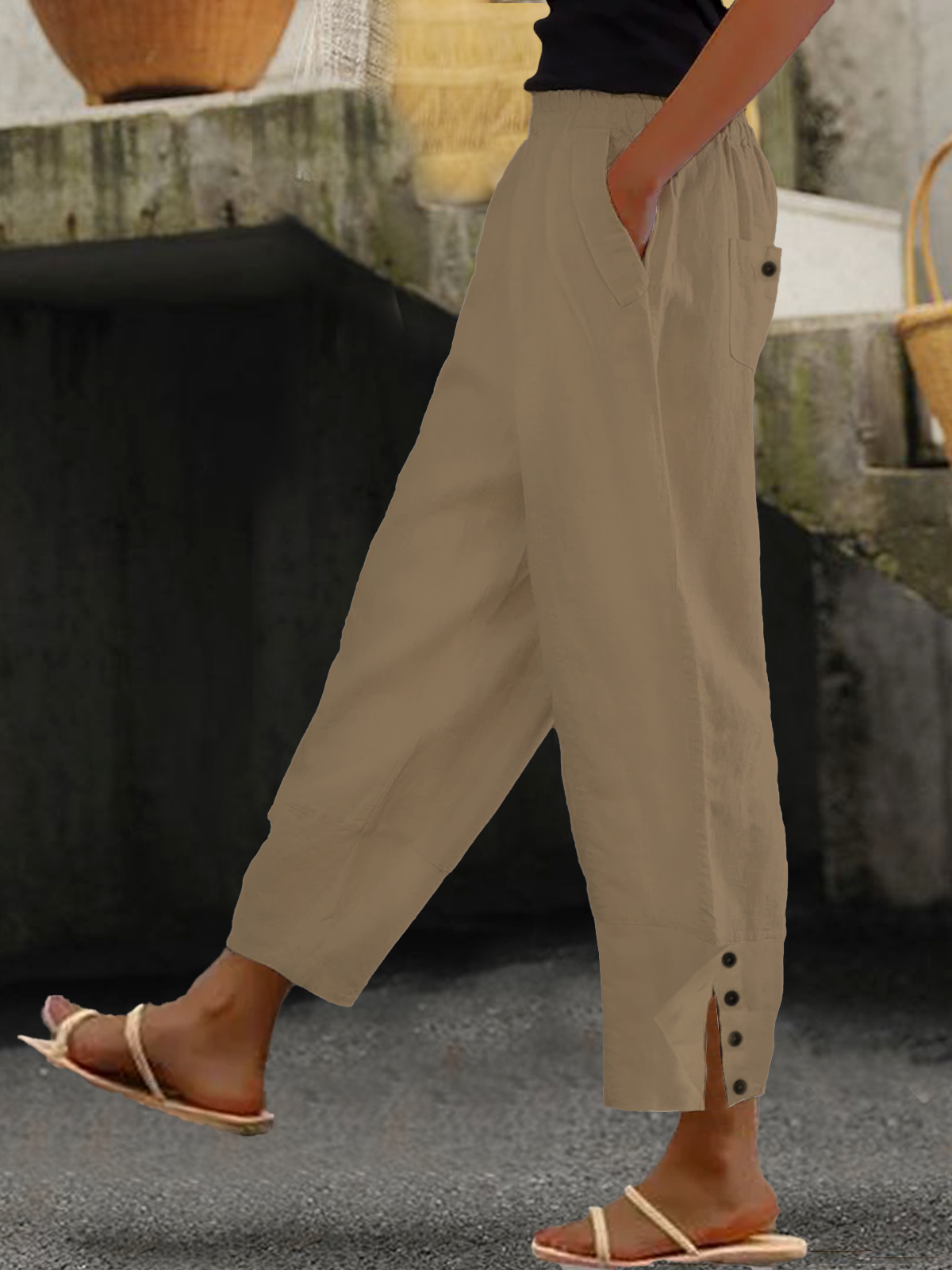 JFN Cotton & Linen Loose Buttoned Pants