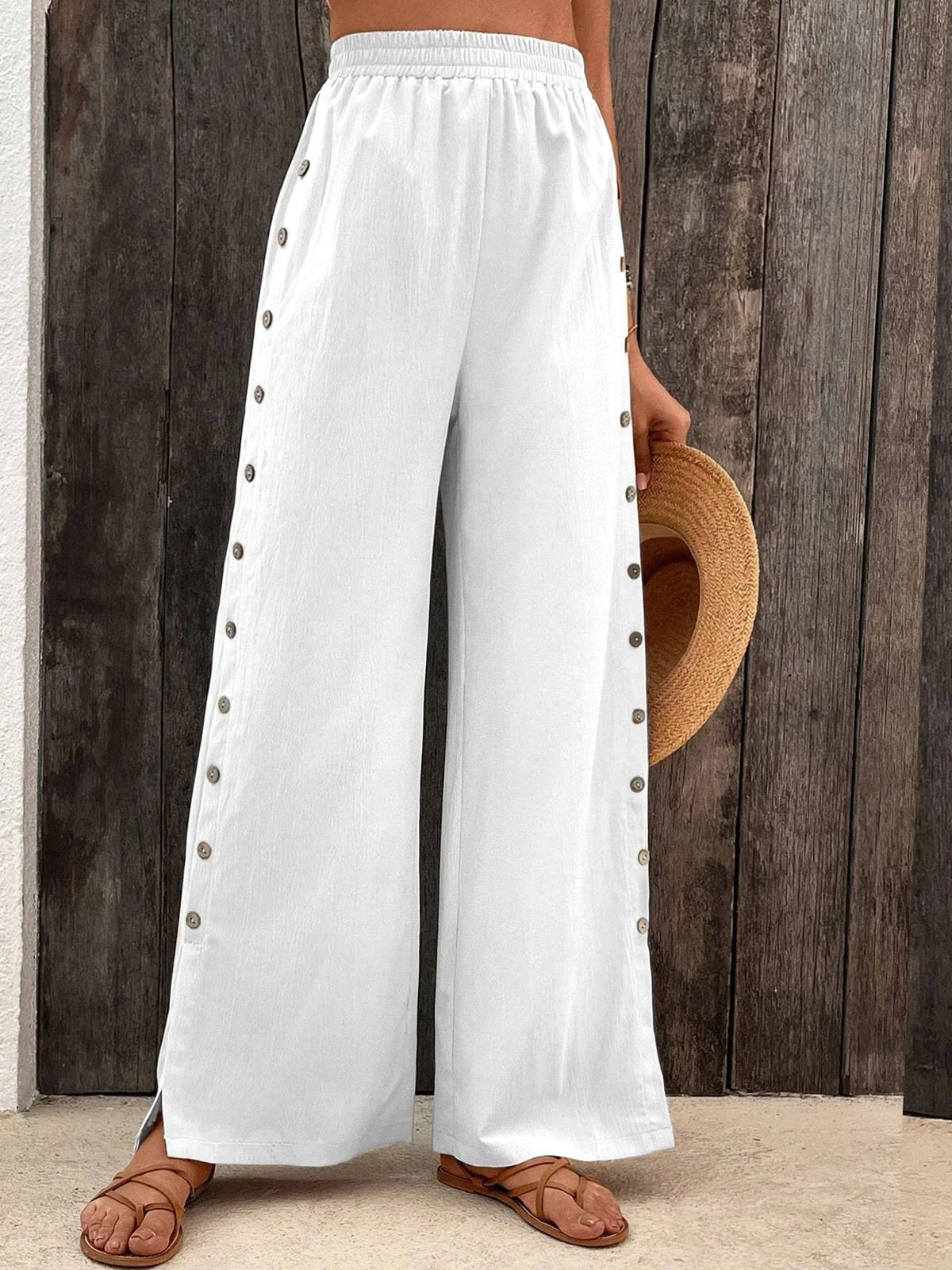 Women's Trousers Elastic Waist Straight Pants Daily Going Out Casual Buckle Plain All Season Pants