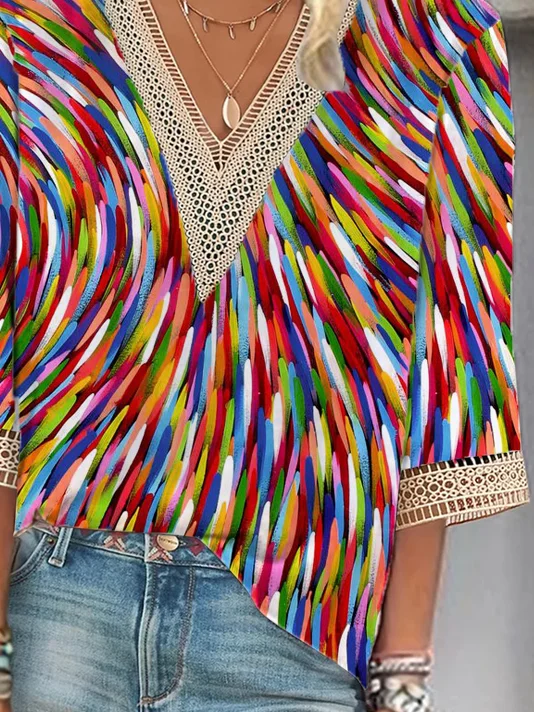 Loose Casual V Neck Ombre Blouse