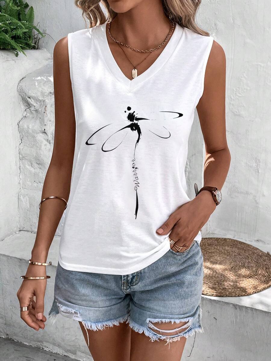 Women's Sleeveless Tank Top Camisole Summer Dragonfly Jersey V Neck Daily Going Out Casual Top White