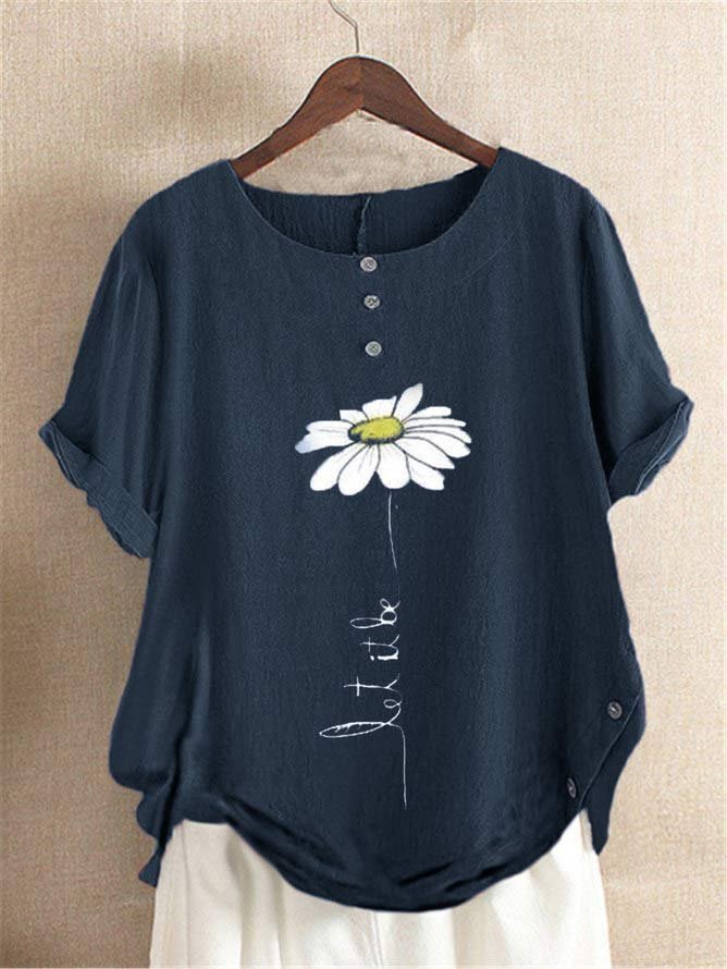 JFN Casual Floral-Print Cotton&Short Sleeve T-shirt