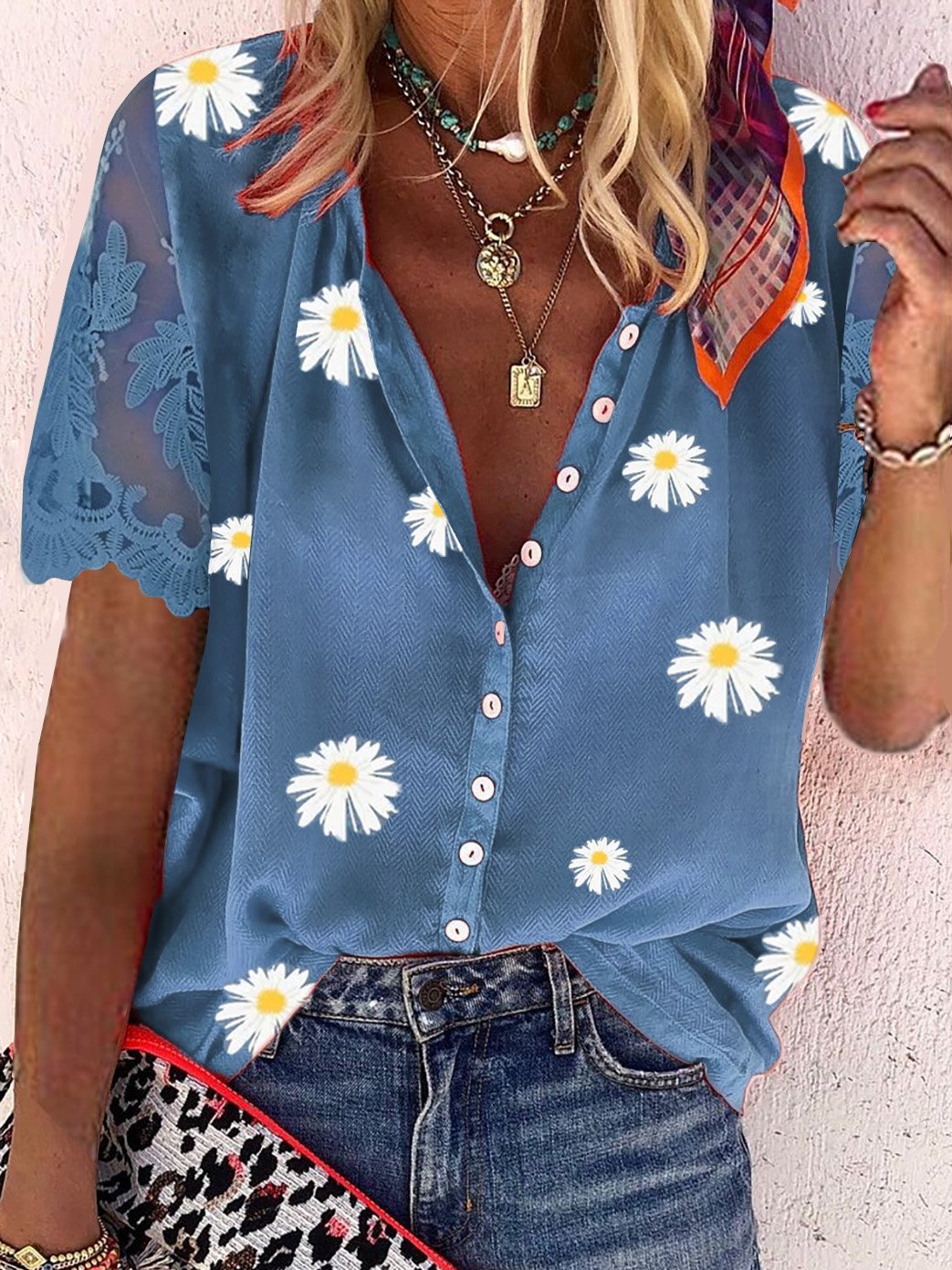 Women's Short Sleeve Shirt Summer Floral Lace Stand Collar Daily Going Out Vacation Top