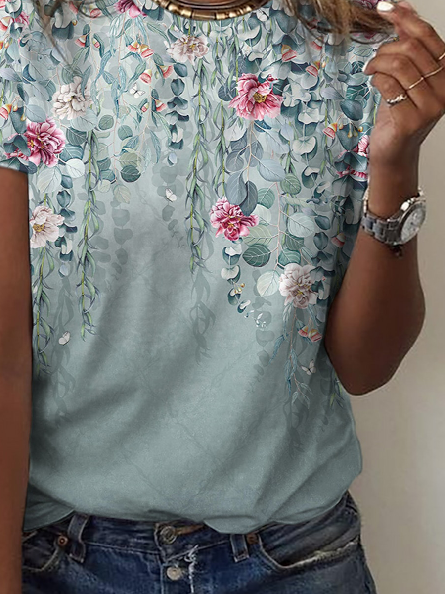 Women's Short Sleeve Tee T-shirt Summer Floral Crew Neck Casual Top