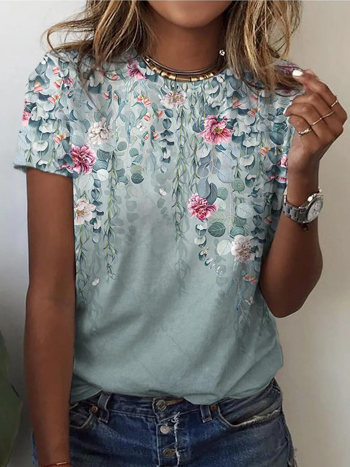 Women's Short Sleeve Tee T-shirt Summer Floral Crew Neck Casual Top