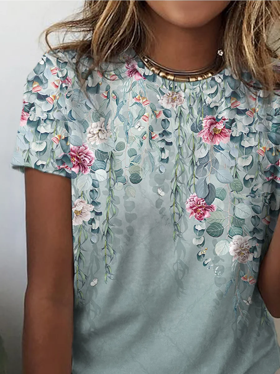 Women's Short Sleeve Tee T-shirt Summer Floral Crew Neck Casual Top