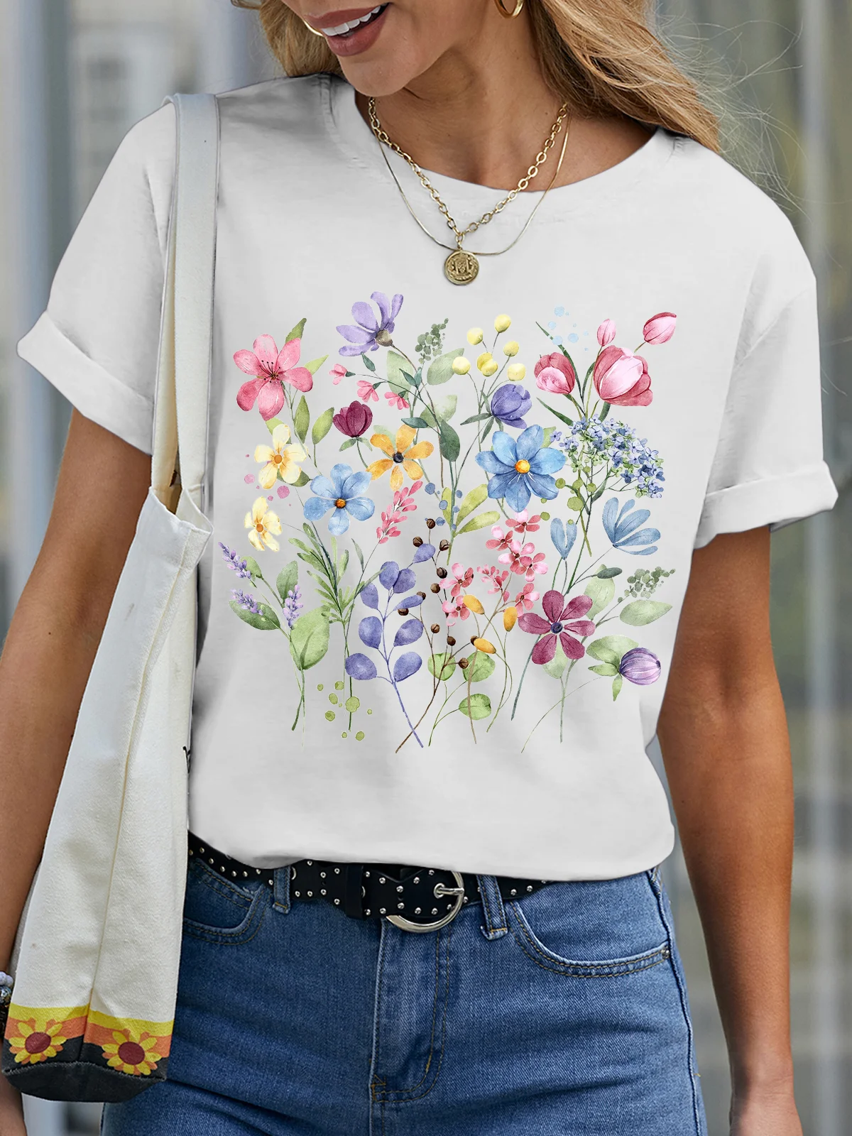 Women's Short Sleeve Tee T-shirt Summer Floral Cotton Crew Neck Daily Going Out Casual Top Light Blue