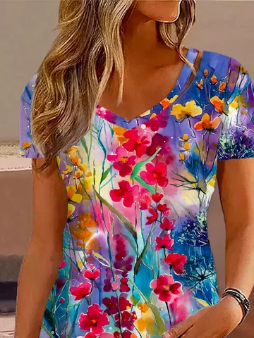 V Neck Floral Loose Casual Blouse