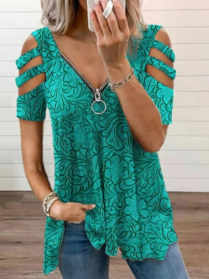 Floral Casual Loose V Neck Blouse