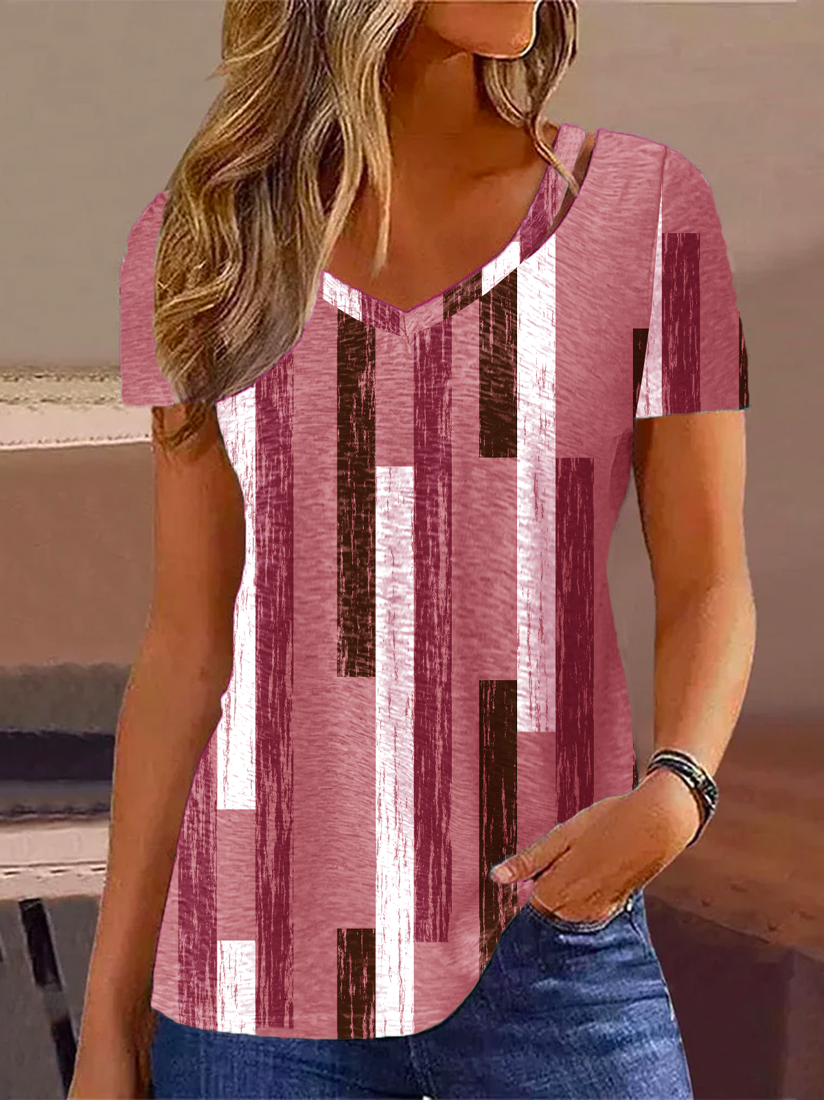 V Neck Casual Striped Blouse
