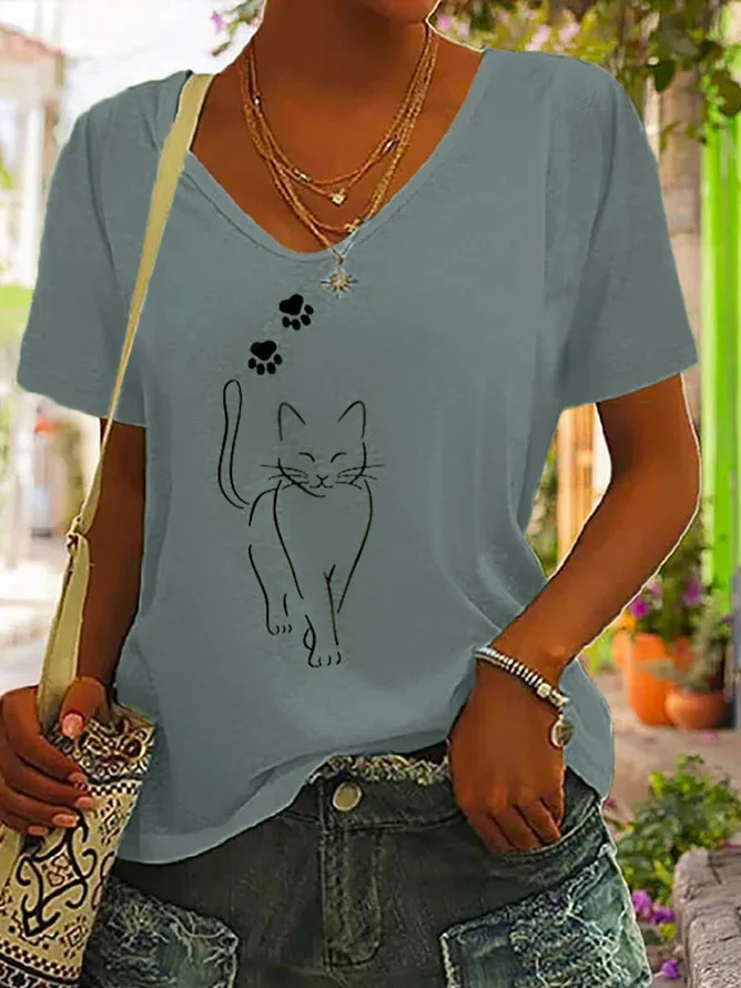 JFN Casual V Neck Cotton-blend Cat T-Shirt