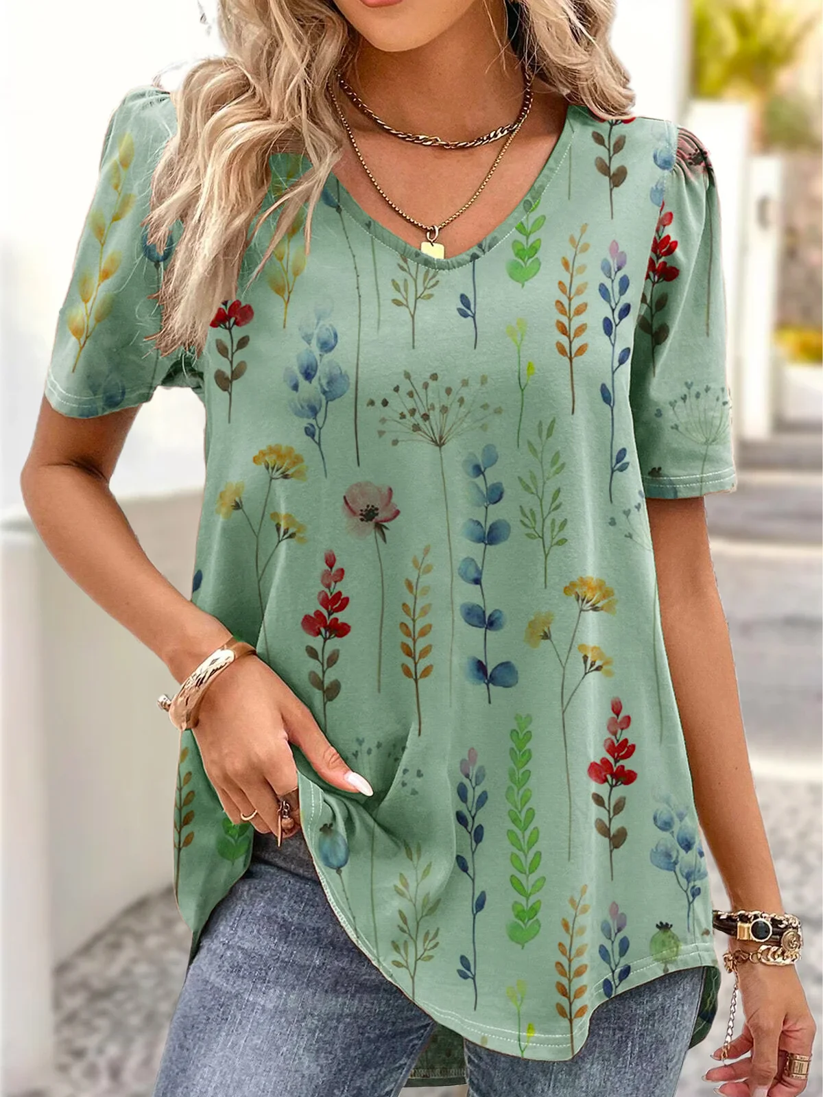 V Neck Casual Loose Floral Blouse